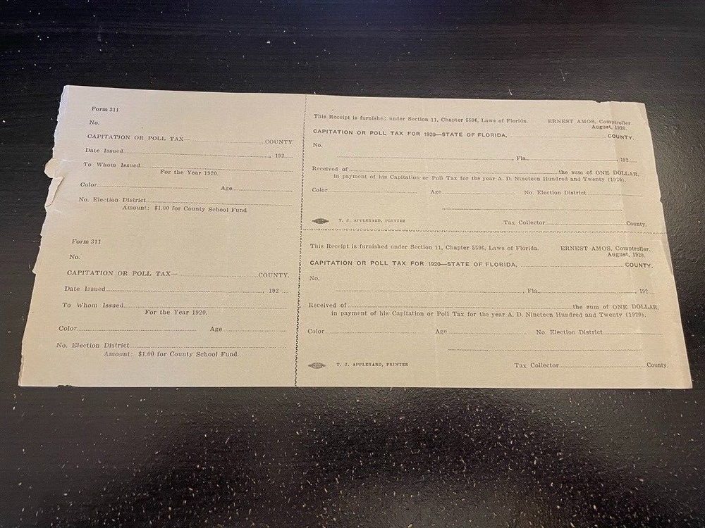 Florida Poll Tax Receipt - Unused - 1920 Election