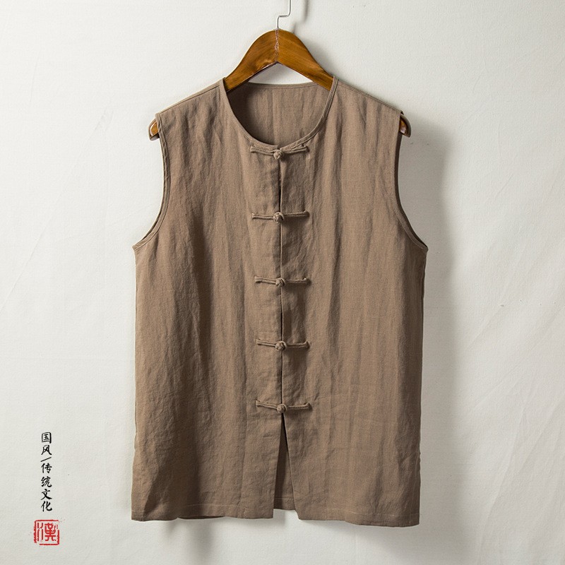 Men's Cotton Linen Vest Sleeveless Waistcoat Thin Retro Round Neck Summer Casual
