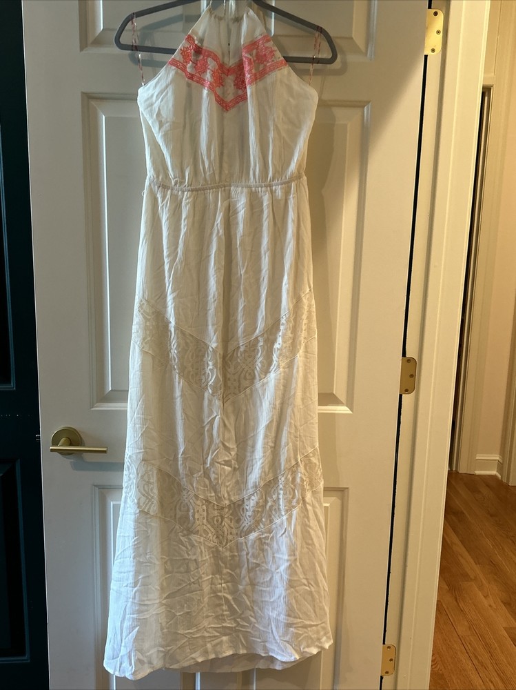 Flying Tomato Print Beige Pink Maxi Dress Boho Summer Resort Sz L