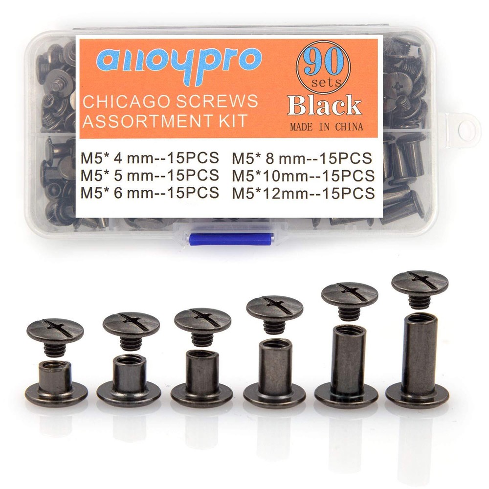 90 Sets Chicago Screws Assorted Kit 6 Sizes Gun Metal Leather Rivets 3/16(5mm...