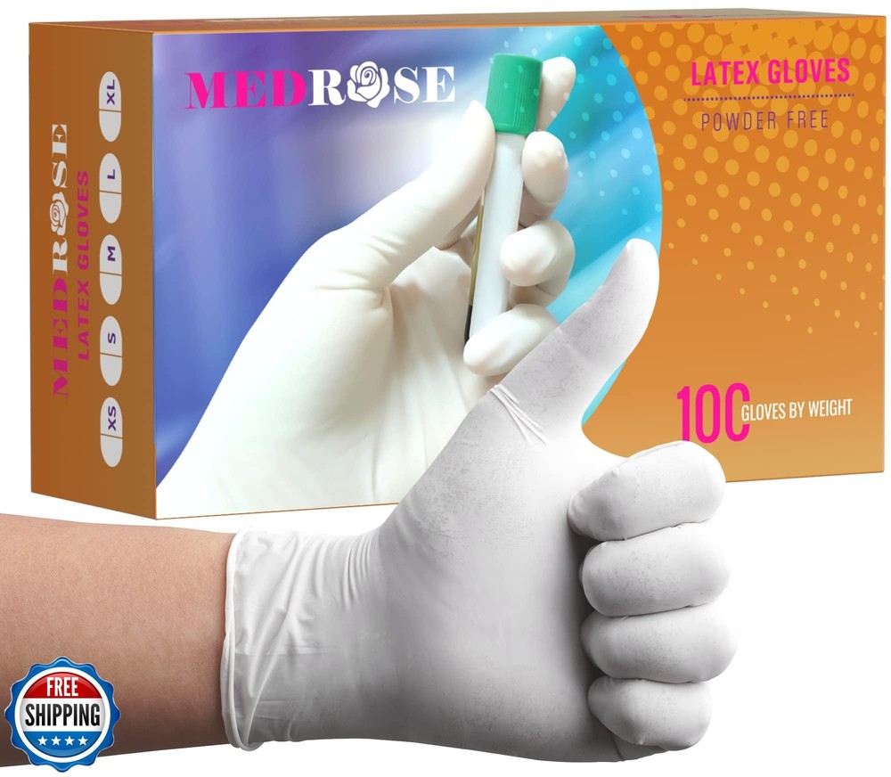 MedRose Medium Disposable Latex Gloves 100 Count Powdered Rubber Gloves