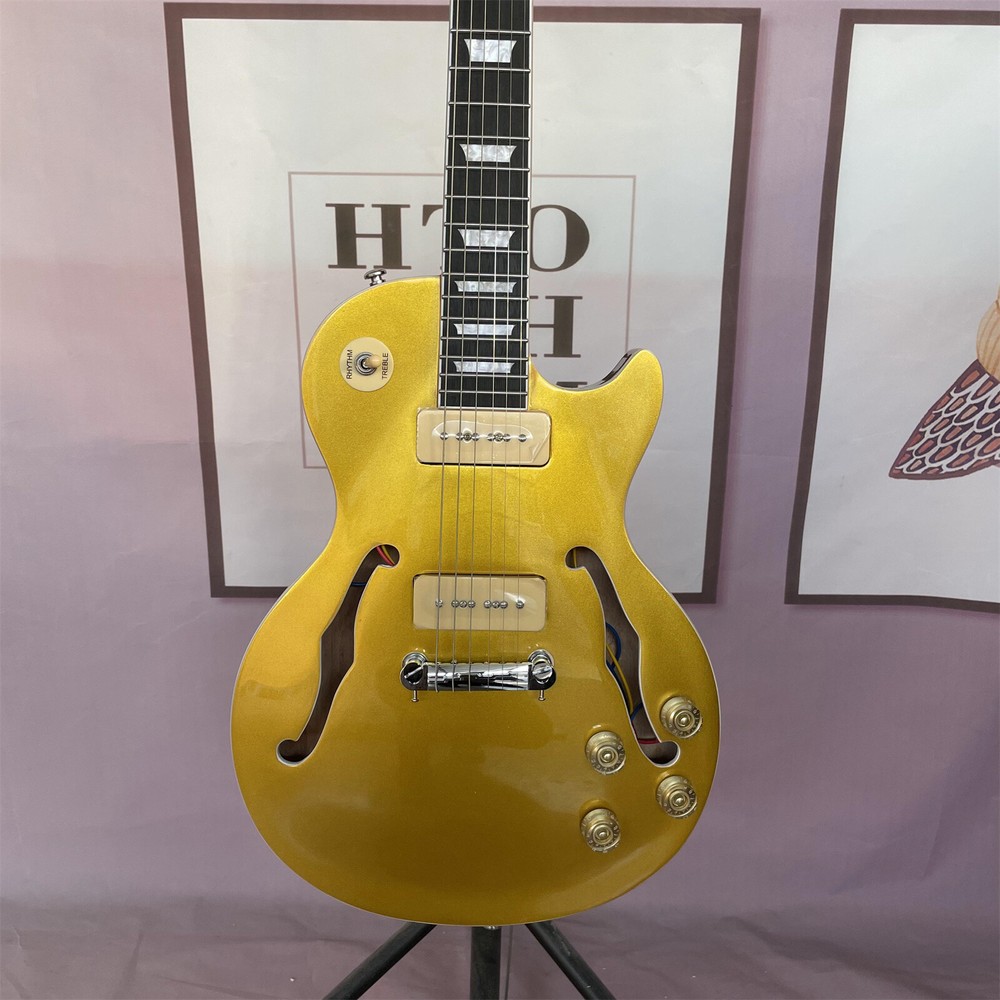 Semi Hollow LP Gold Electric Guitar with 2 P90 Pickups 22 Frets Chrome Hardware