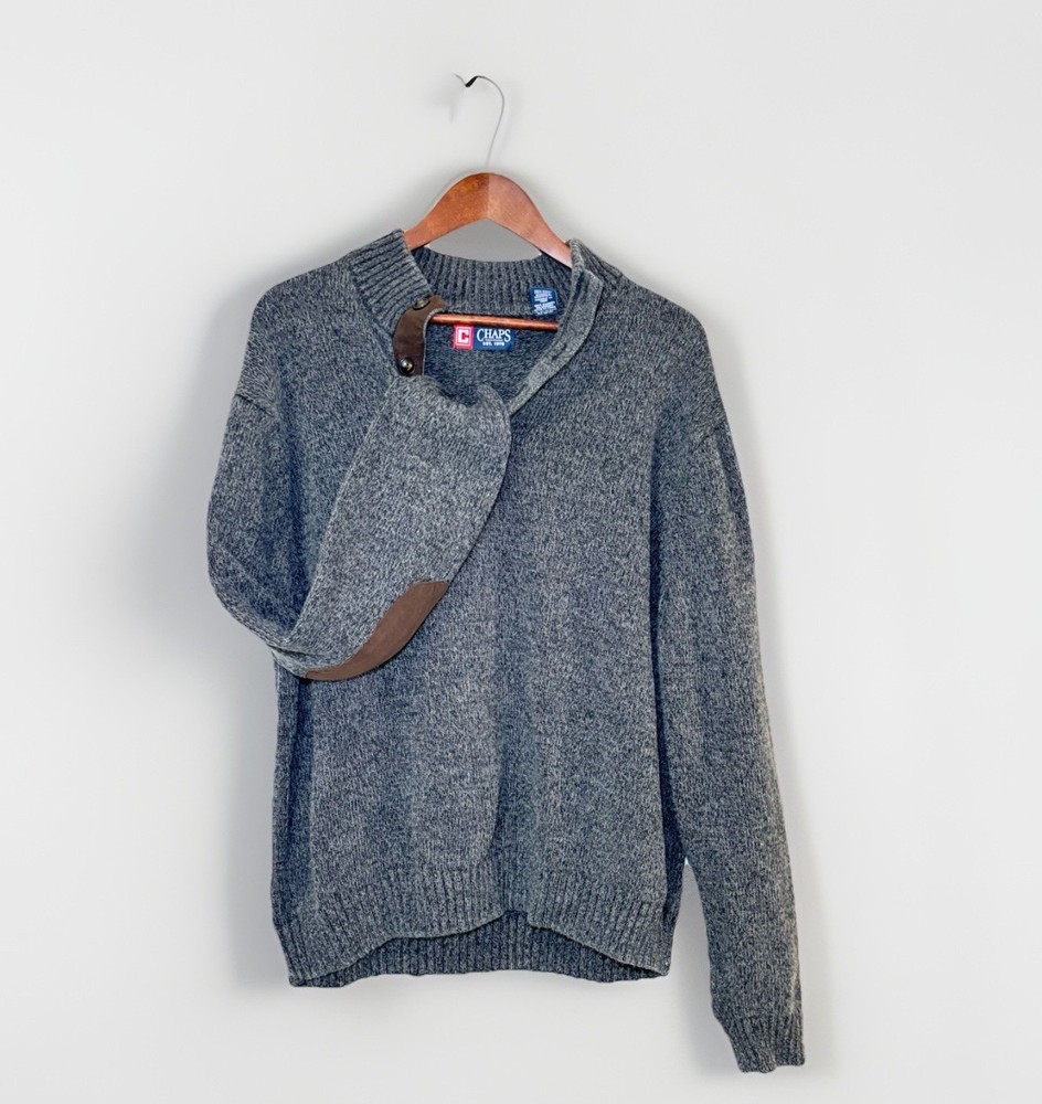 CHAPS Men’s Grey Henley Cotton Knit Sweater XL w/Brown Suede Elbow Patches