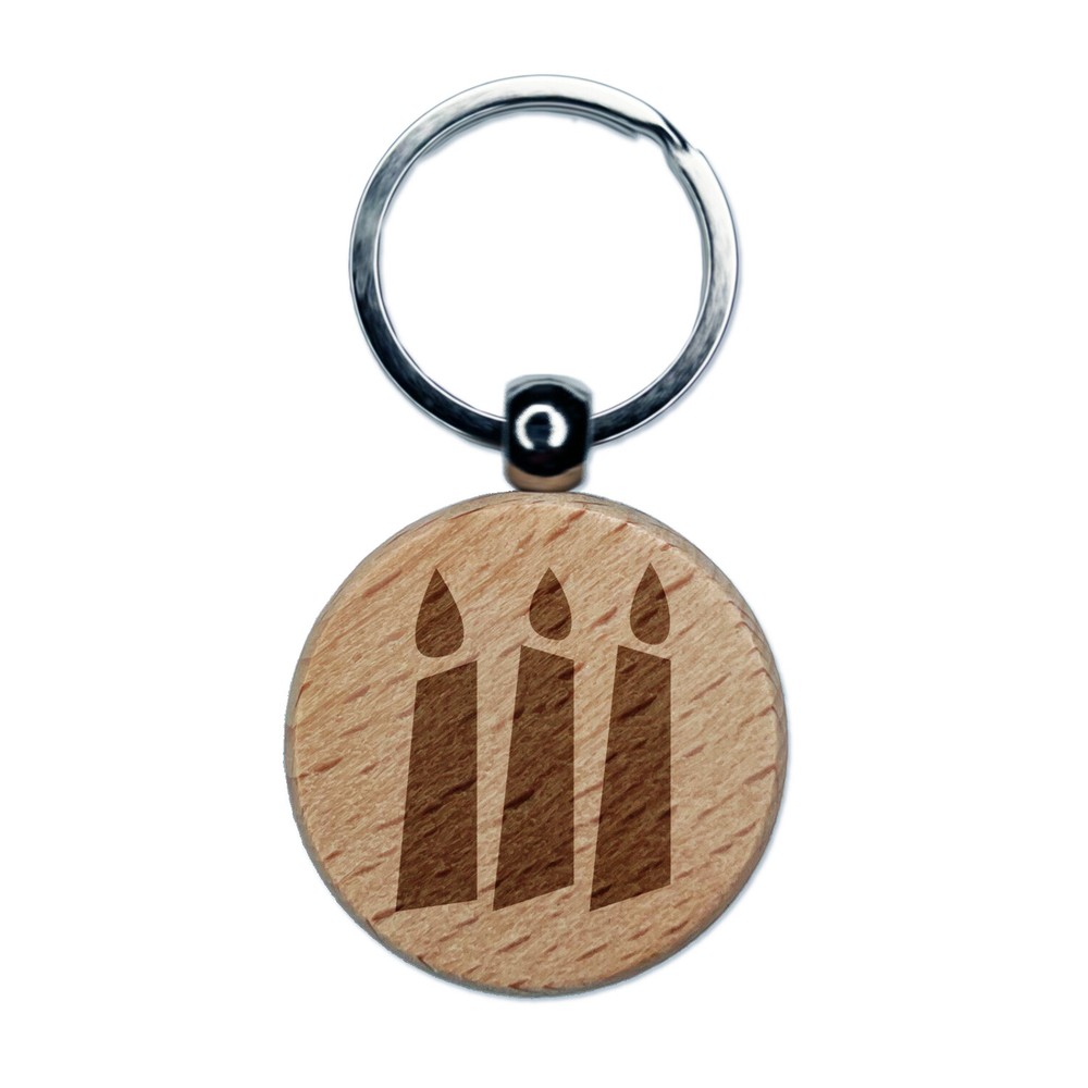 Birthday Candle Trio Solid Engraved Wood Round Keychain Tag Charm