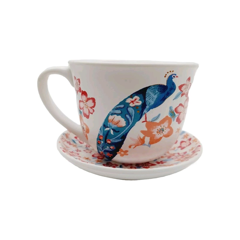 Opal House Peacock Mug and Saucer White Pink Bird Floral