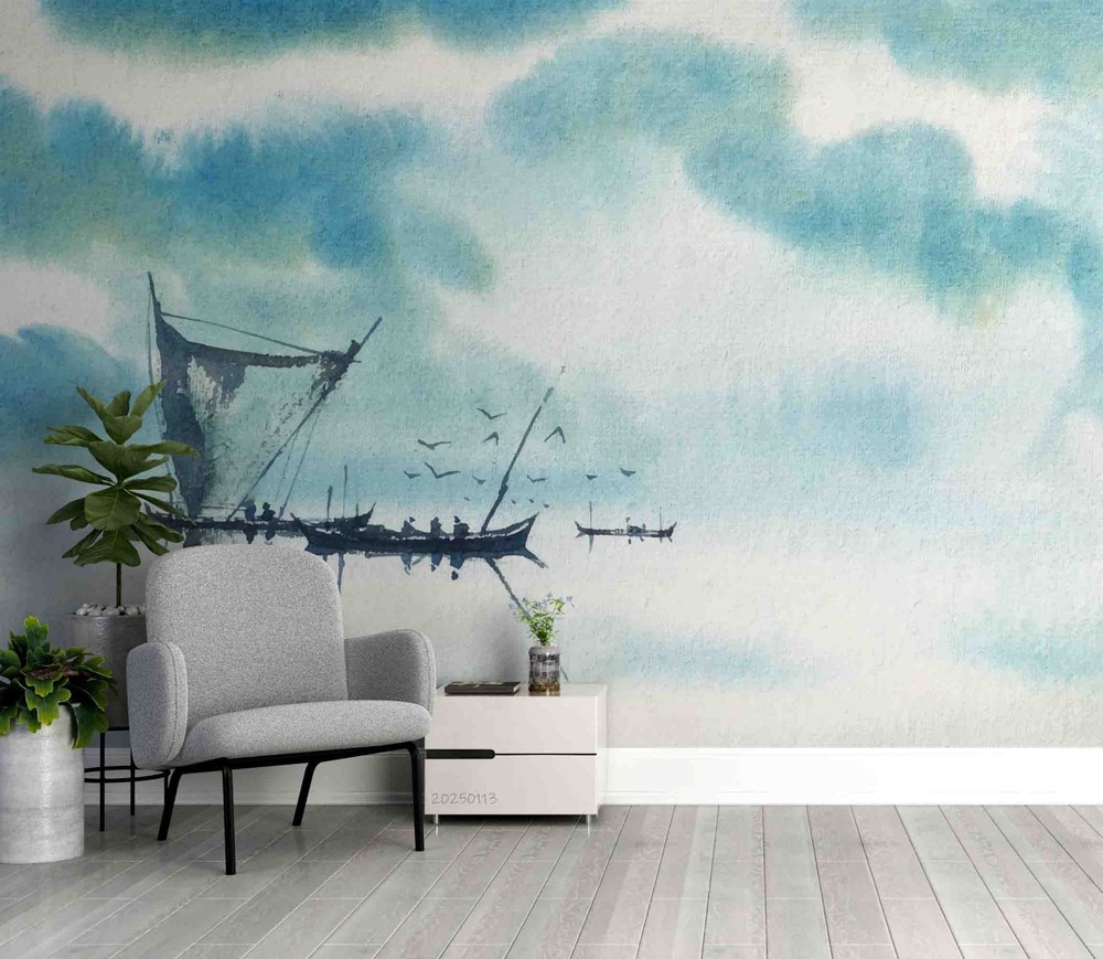 3D Sky Lake Boat Watercolor Wall Murals Wallpaper Murals Wall Sticker