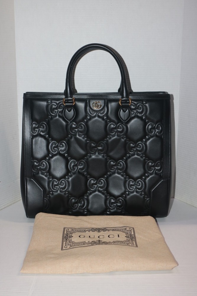 Gucci Black GG Stitched Leather Matelassè Top Handle Tote Bag