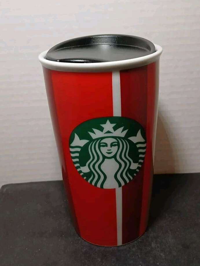 Starbucks Red Striped Holiday Christmas Reusable Travel Ceramic Mug 12 Oz Grande