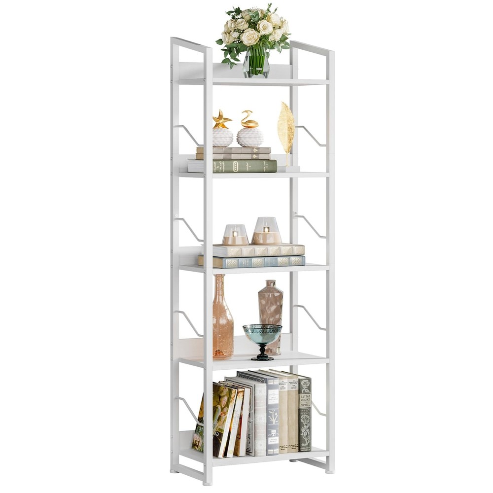5 Tier Tall Bookshelf: Industrial Wood Book Shelf with Edge Protection Metal ...