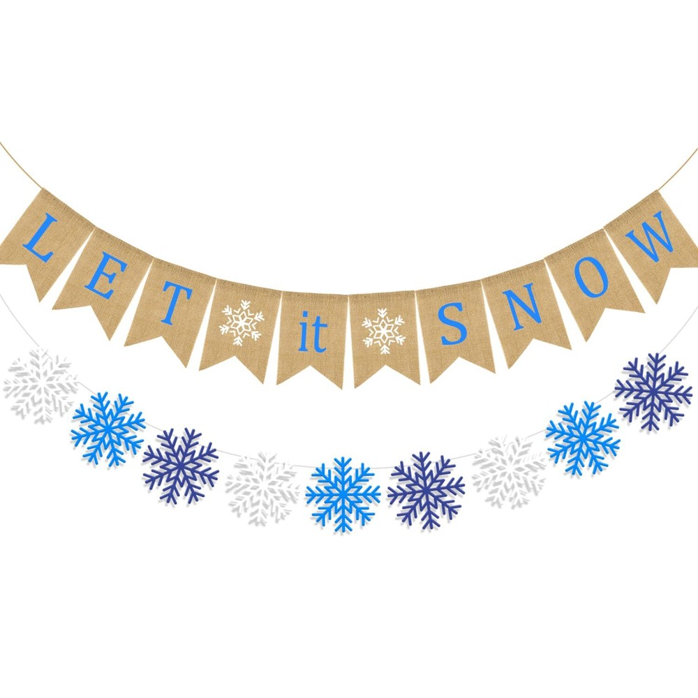 Let It Snow Burlap Banner Winter Snowflake Garland Banner Xmas Be Merry Bunti...