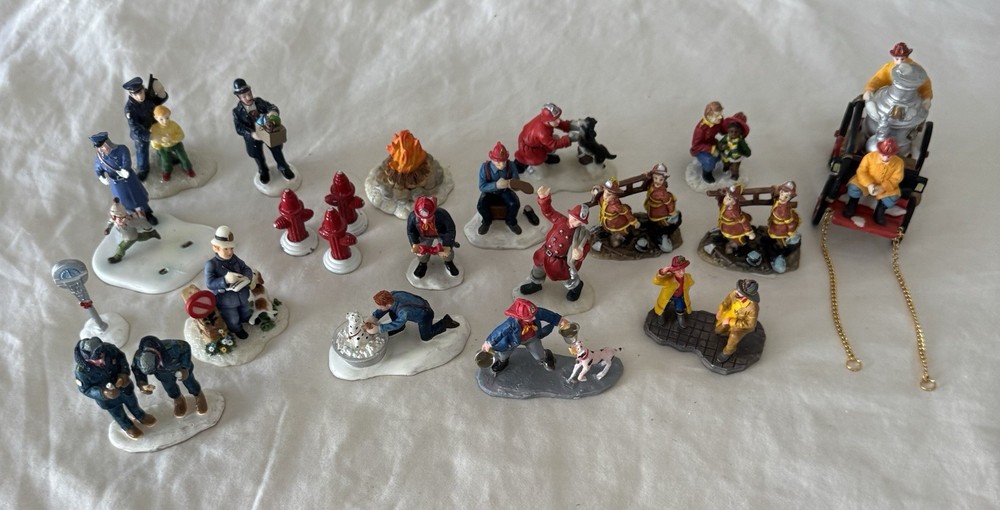 Lot Of Village Figurines O Well, Lemax, Dept 56 POLICE & FIREFIGHTERS *READ*