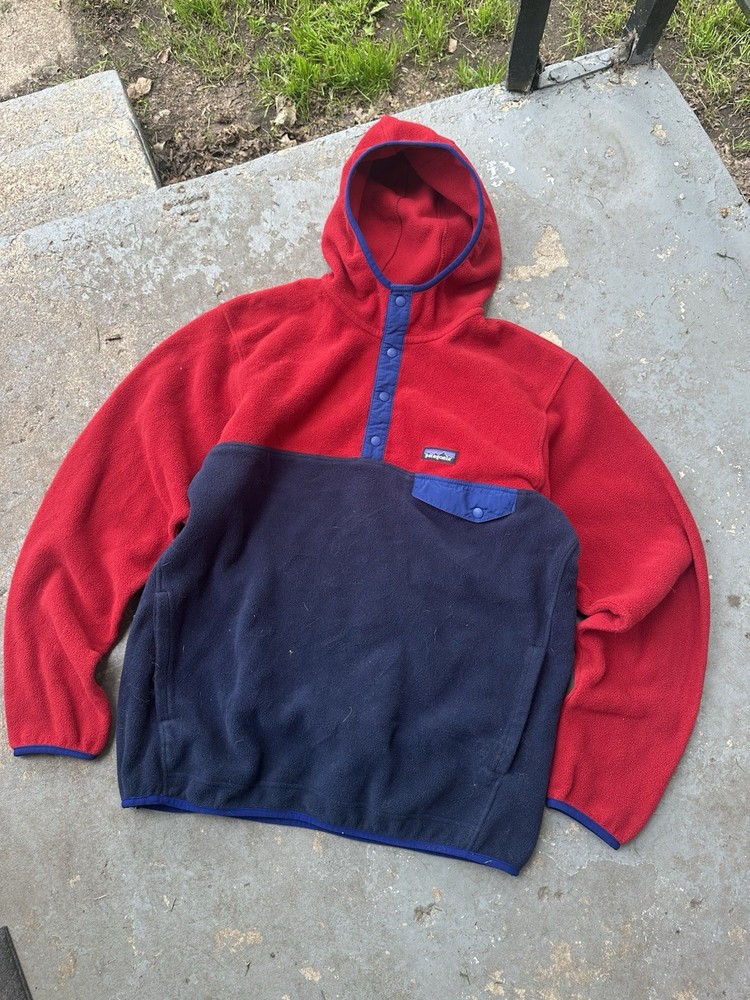 Patagonia Mens Large Red Synchilla Snap-T Hoodie Fleece Colorblock Jacket