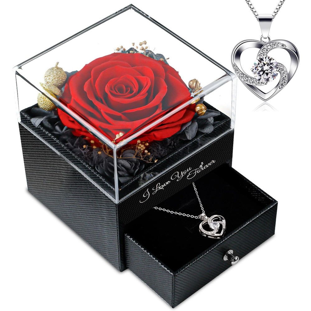Valentines Day Gifts for Her, Preserved Real Red Rose with Necklace, Eternal ...