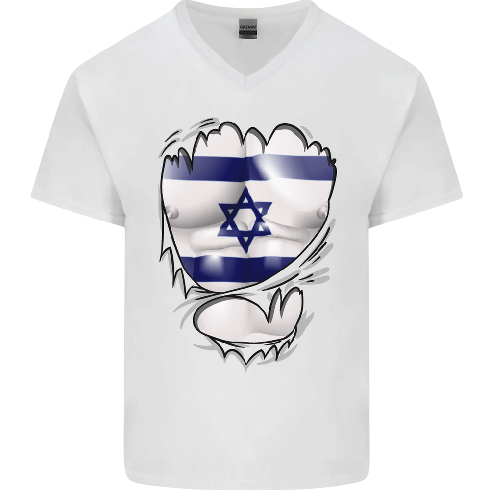 Gym The Israeli Flag Ripped Muscles Israel Mens V-Neck Cotton T-Shirt