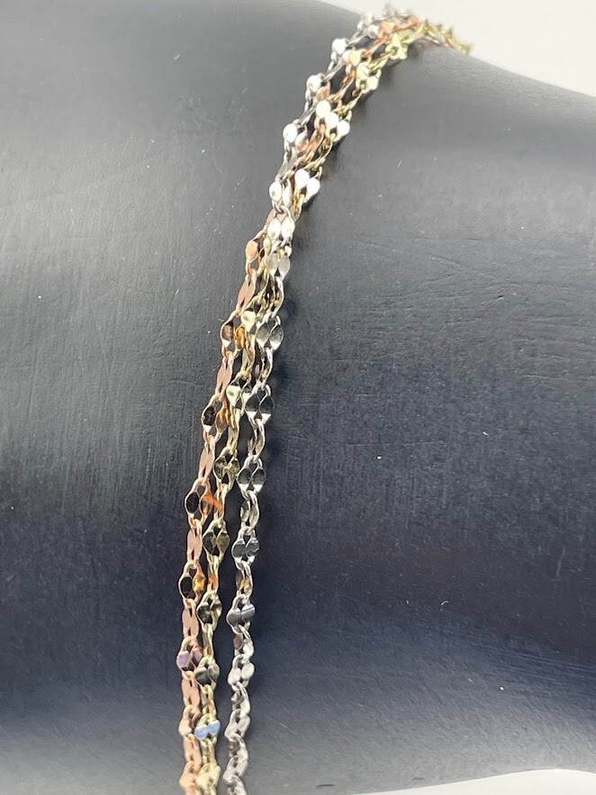925 Sterling Silver Tri-Color Sparkle Triple Chain Anklet Bracelet 9.75 Inch