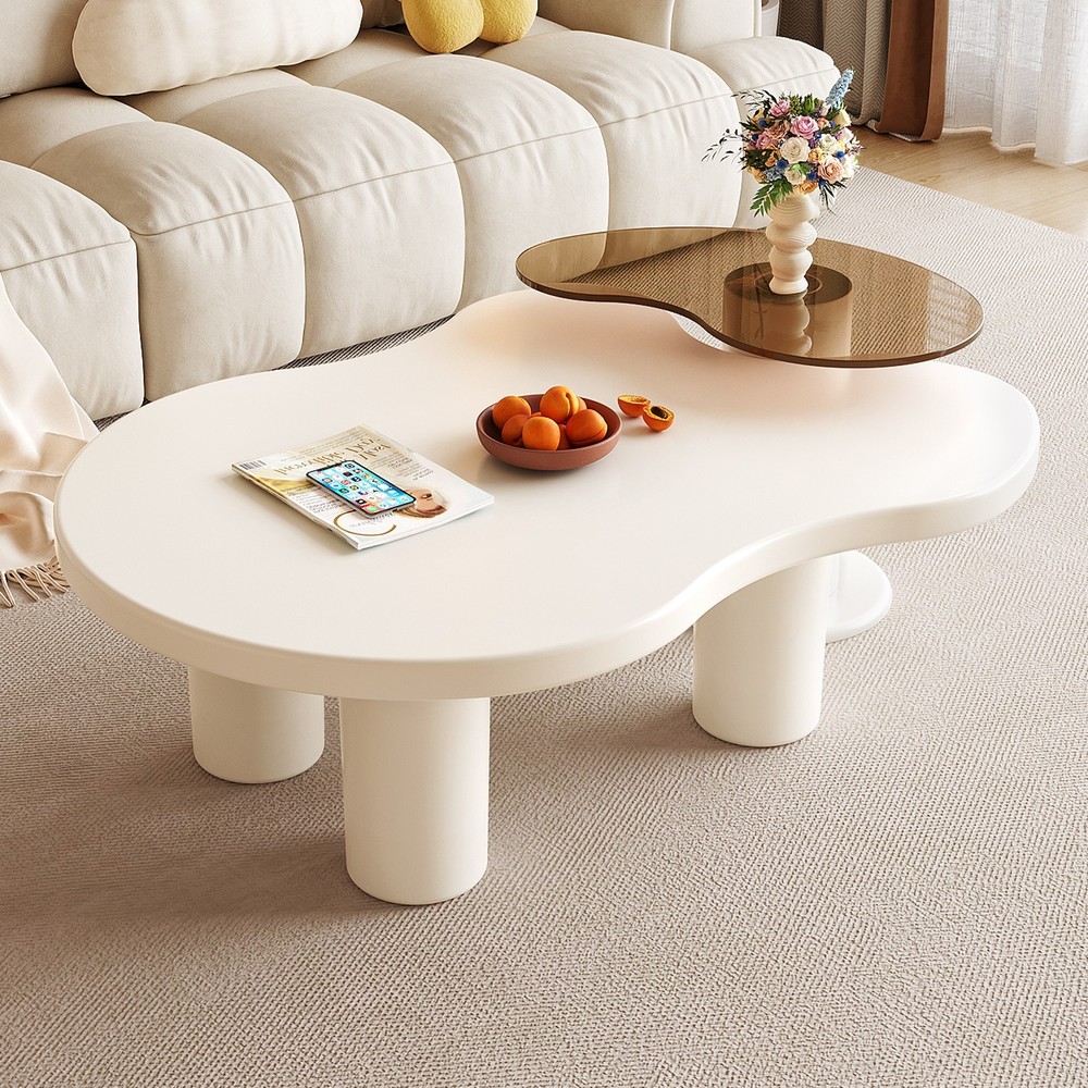 Set of 2 Nesting Coffee Table Cream White Irregular Coffee Table and Side Table