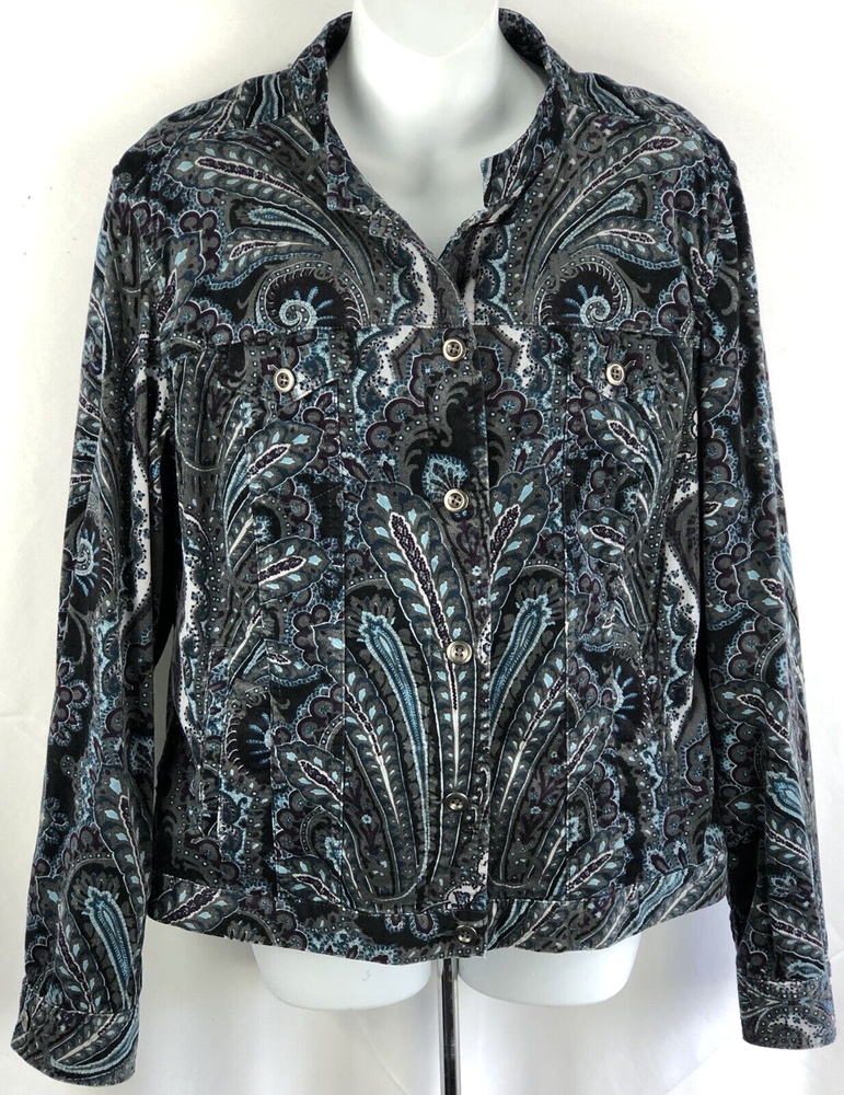 Charter Club Corduroy Jacket L Gray/Aqua Geo Band Collar Hippie psychedelic Boho