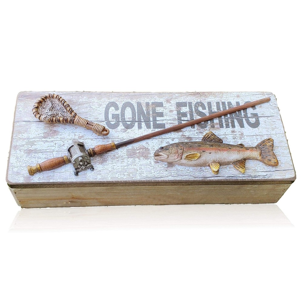 Gone Fishing Wood - Rustic Wood Keepsake Holds Coins, Keys and Wallet - Fathe...