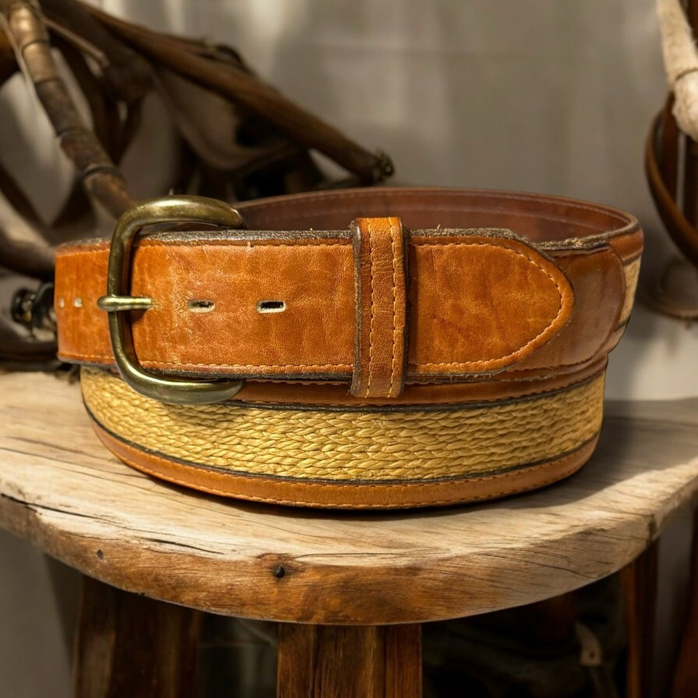 Justin Boots Western Belt Mens Tan Leather and Leather and Woven Straw Size 44