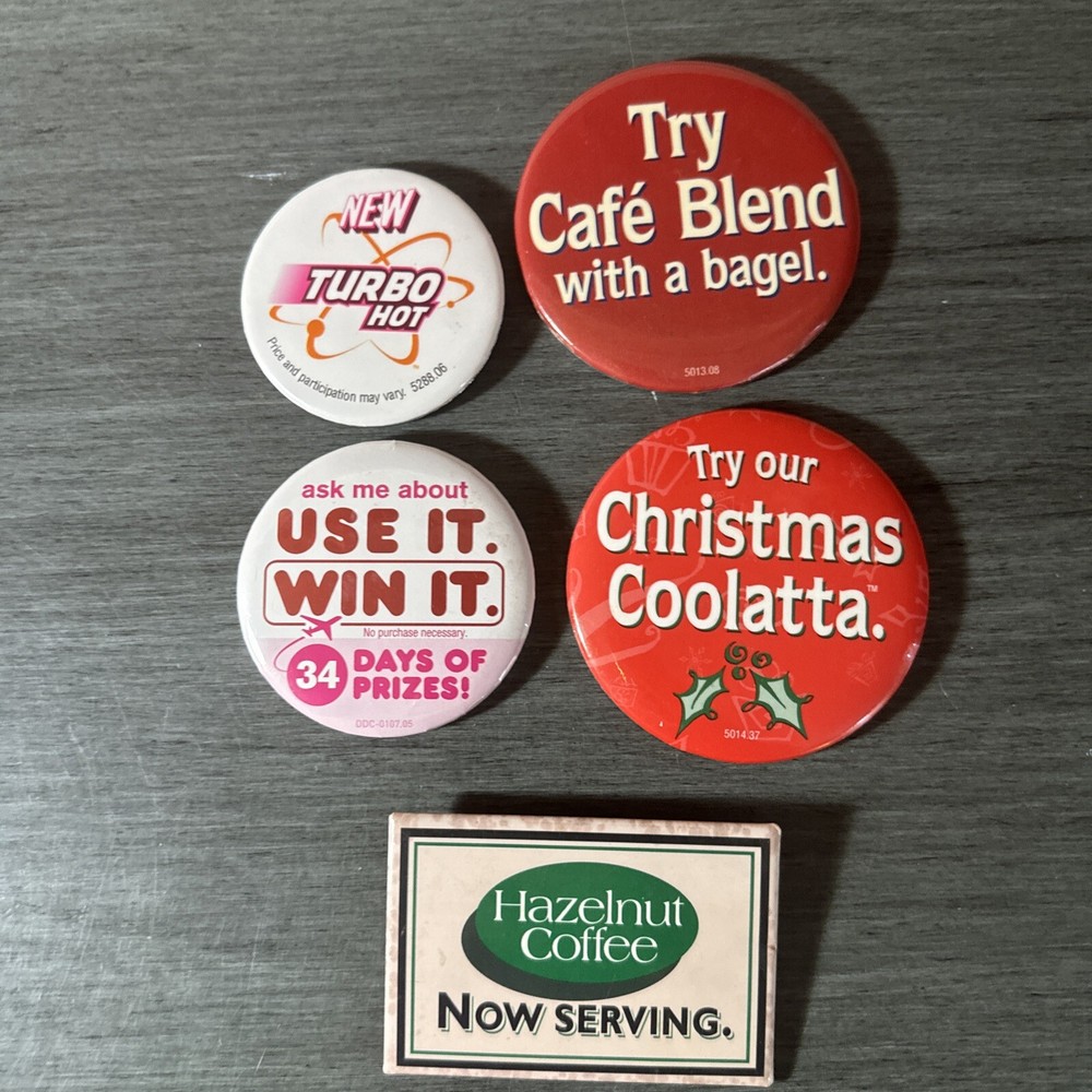 Vintage 5 Dunkin Donuts Employee Pins Retro Collectible Set