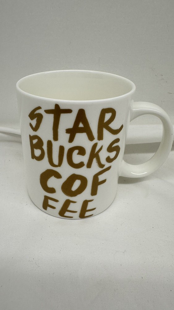 2015 Starbucks 12oz White Ceramic Mug with Gold Graffiti Letters
