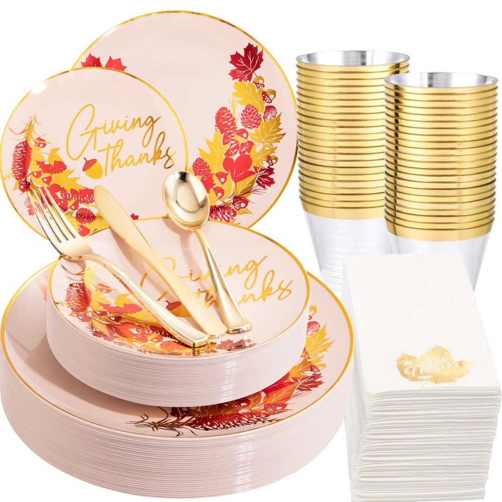 175-Piece Pink Gold Disposable Plastic Plates Set for Thanksgiving Dining