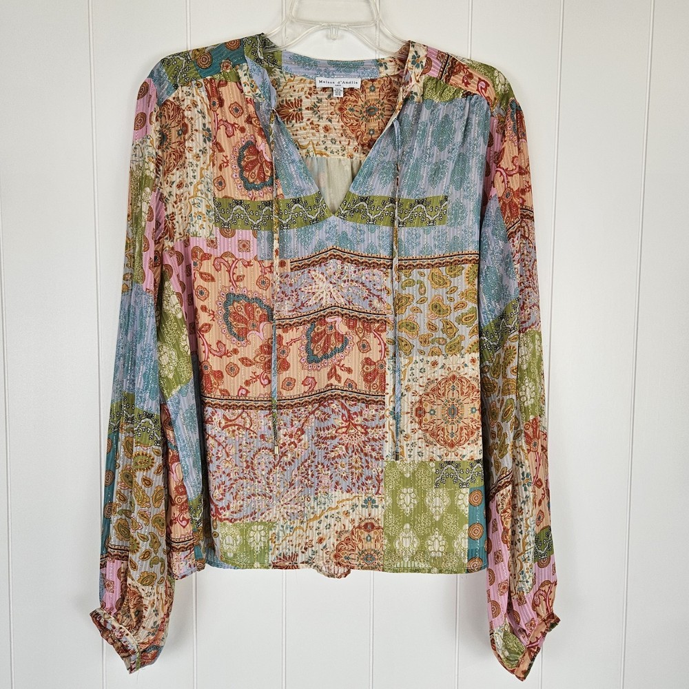 Maison D'Amelie Blouse Bohemian Patchwork Floral Long Sleeve Sheer Womens XL