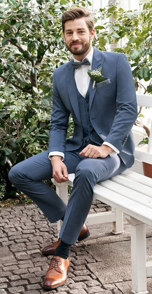 Men Blue Slim Fit Peak Lapel Formal Groom Dinner Party Prom Tuxedo Wedding Suit