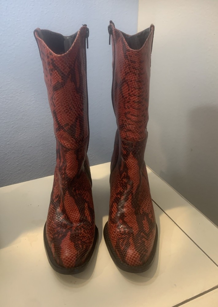 Details 90s Y2K Red Black Snakeskin Block Heel Boots Made in Brazil Womens 6