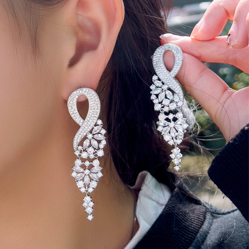 Silver Plated Zirconia Flower Leaf Long Drop Chandelier Earrings Wedding Jewelry