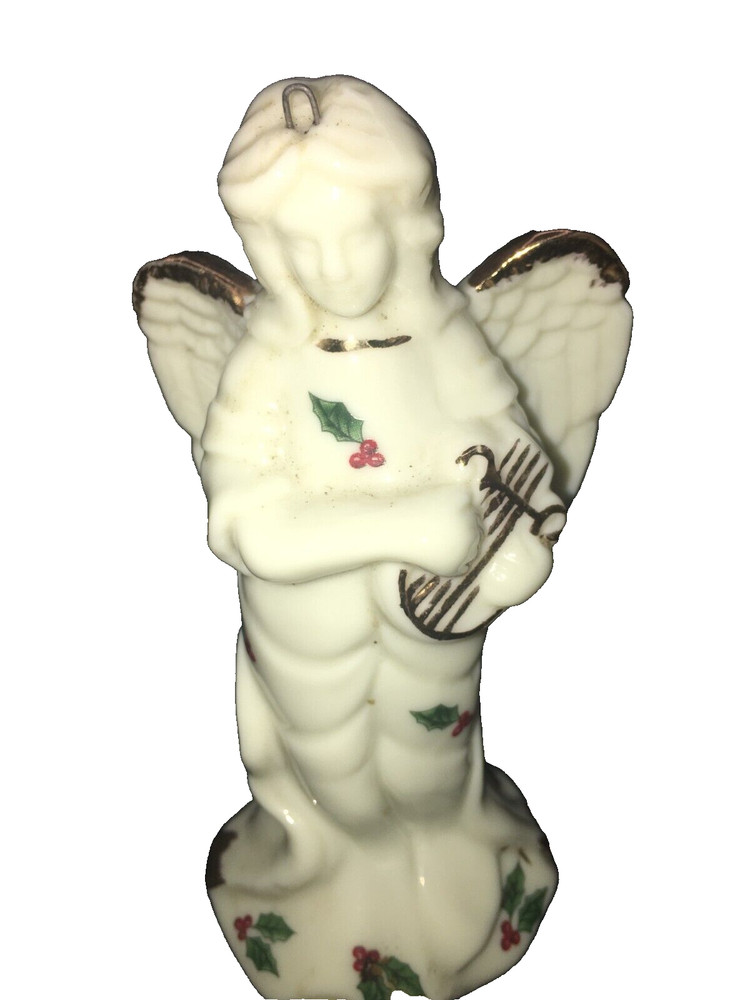 Vintage Angel Christmas Tree Ornament White Wings Harp Holly Gold Trim