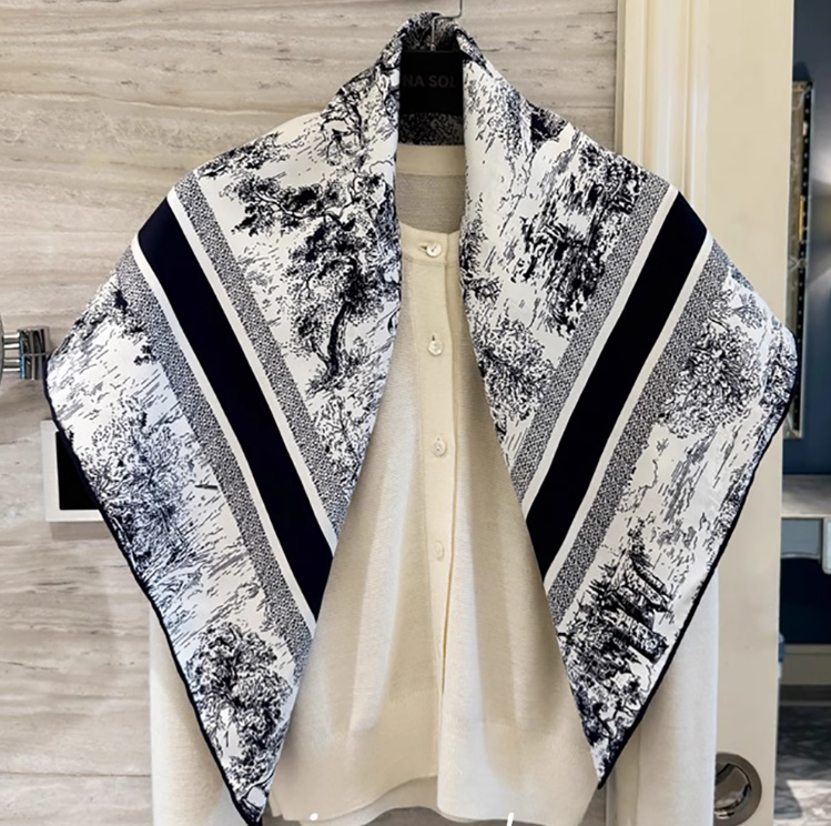 Pure 18 Momme Silk Wrap Scarf Bandanna Ink wash painting Print Square Shawl 34''