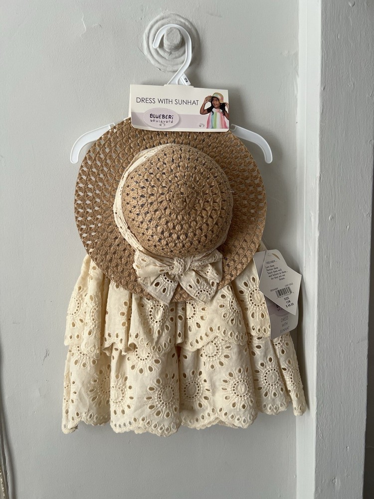Blueberi Boulevard Girls Sleeveless Beige Dress Matching Straw Hat 12 Months set