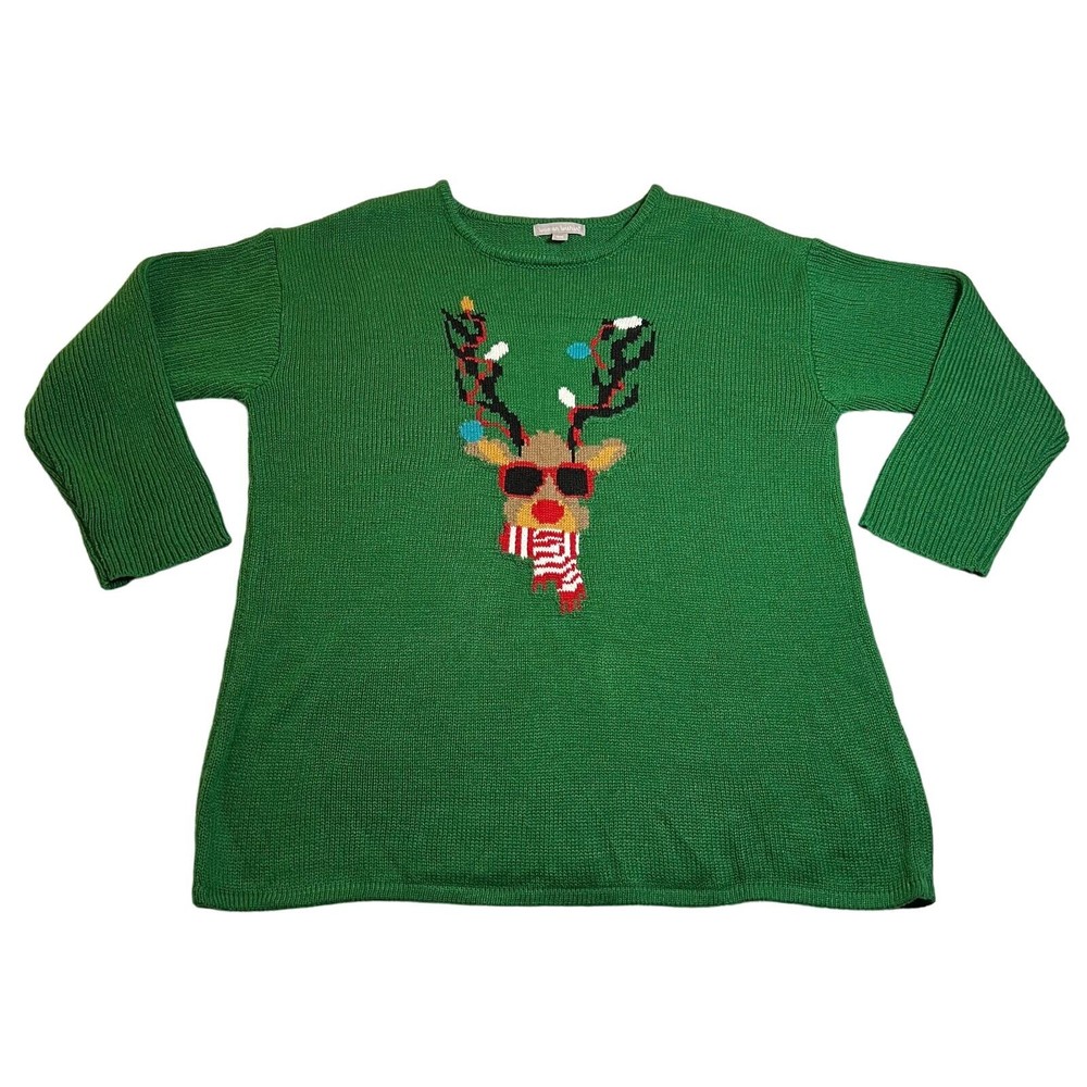 Woman Within Crewneck Reindeer Knit Stretch Ugly Christmas Sweater Size 18/20
