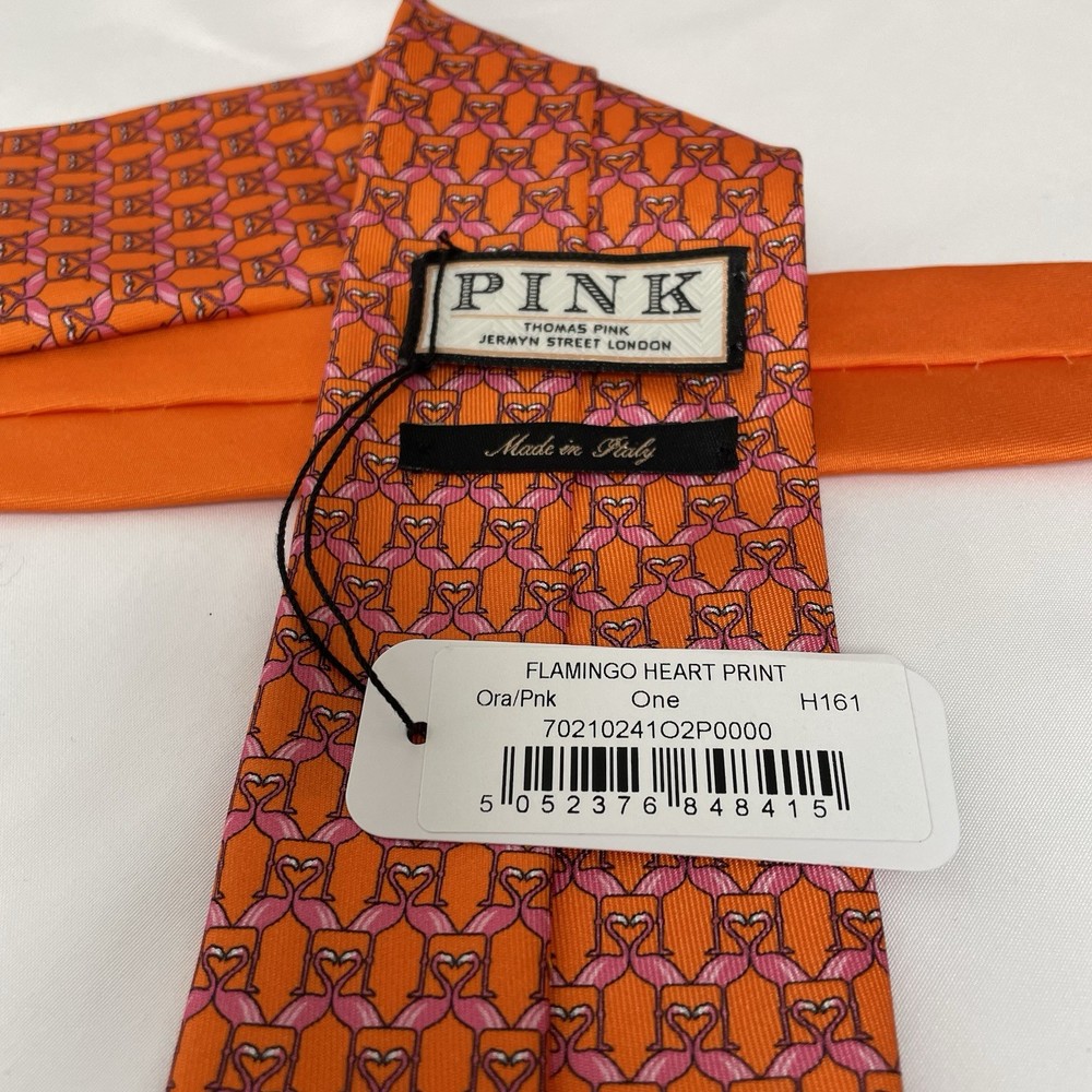 Thomas Pink Silk Tie Flamingo Heart Print Orange Pink Made Italy NWT