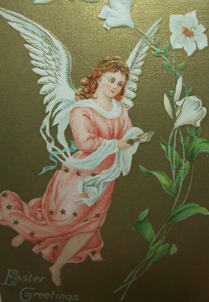 Easter Postcard Pink Dress Angel With Lilly Flowers Series 2149 Vintage Original