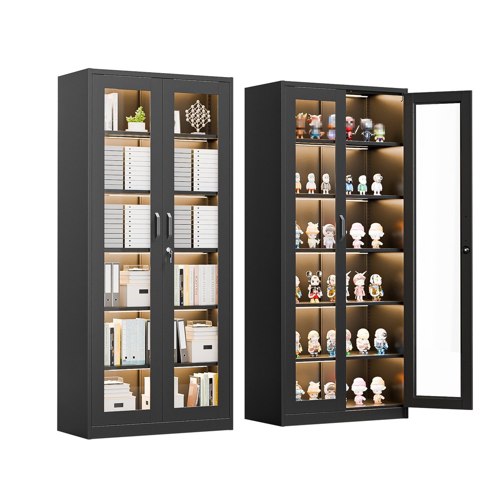 71-Inch Black Metal Storage Cabinet with Lockable Glass Doors  
