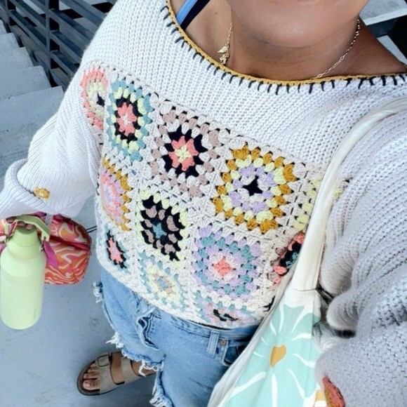 Free People Dahlia Grannysquare Crochet Floral Knit Pullover Slouchy Sweater S