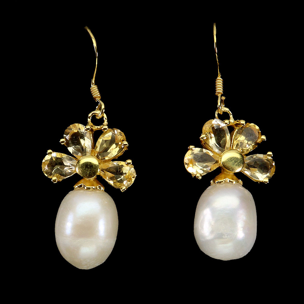 925 Sterling Silver Pear Citrine Earrings with 6x4mm Natural Gemstone Pearl