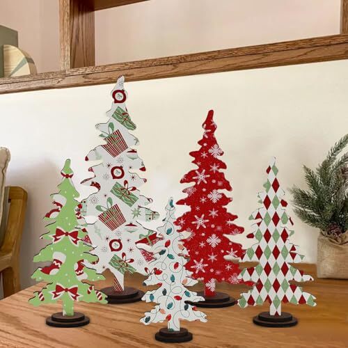 Christmas Decorations - 5PCS Wooden Christmas Tree Tabletop Decor Sign -