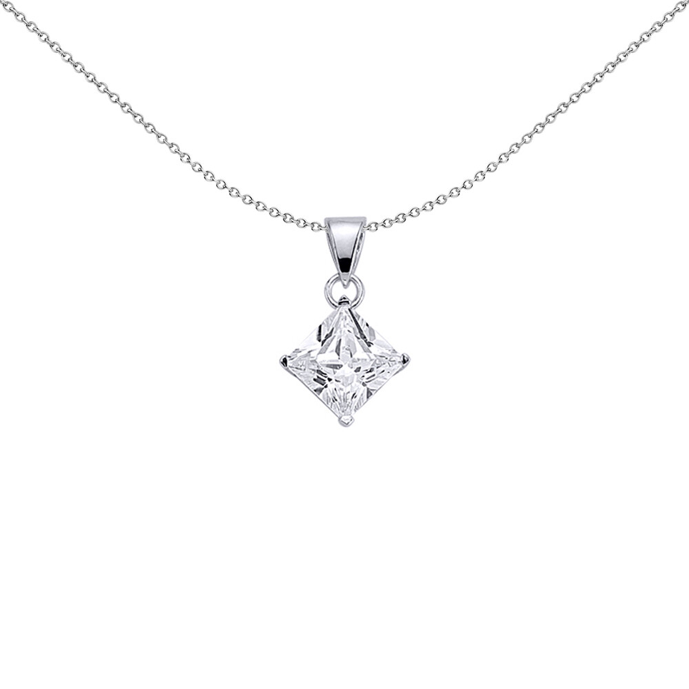 Silver Jewelco London Princess Cut CZ 4 Claw Solitaire Charm Necklace 18 inch