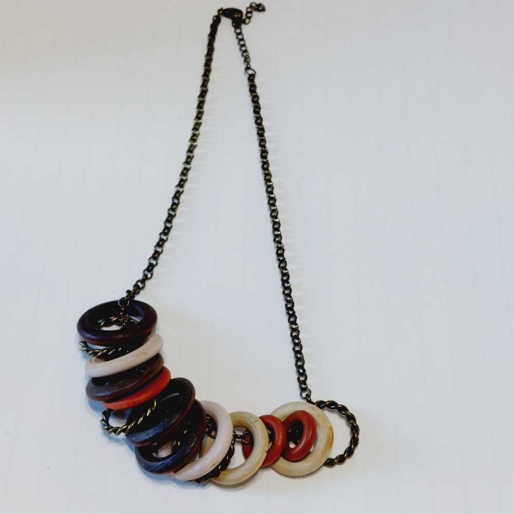 Multi Color Wood Rings Brown Chain Necklace Choker