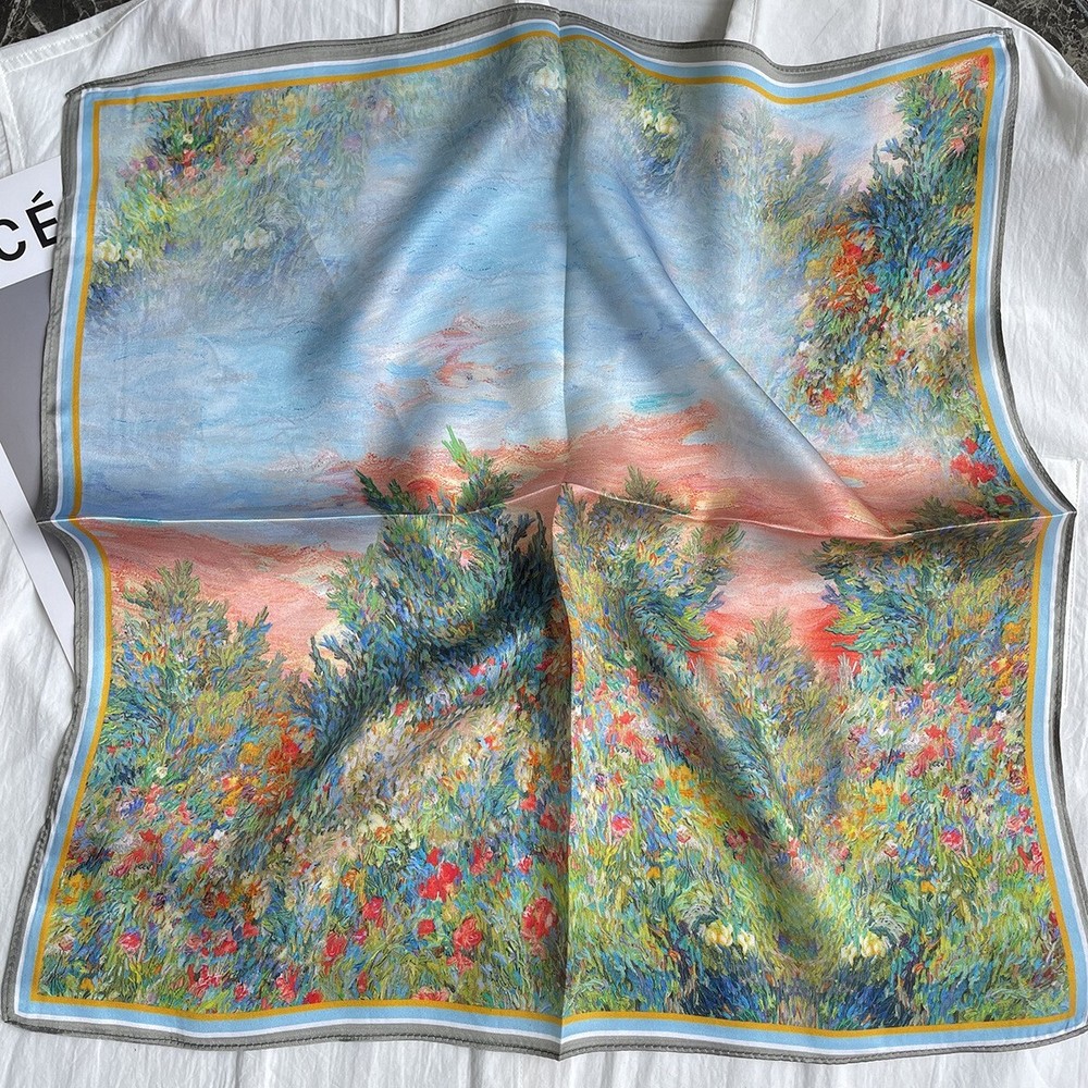 100% Silk Scarf Women Vintage Blue Green Tree Print Neckerchief Bandana 53*53cm