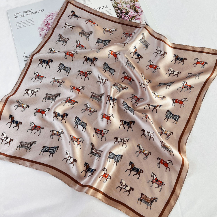 100% Pure Mulberry Silk Pony Print Bandana Scarf Wrap 21 Inch Shawl