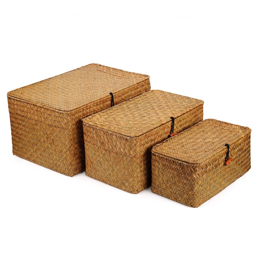 Woven Wicker Storage Bins with Lid, Seagrass Basket for Shelf Organizer, Extr...