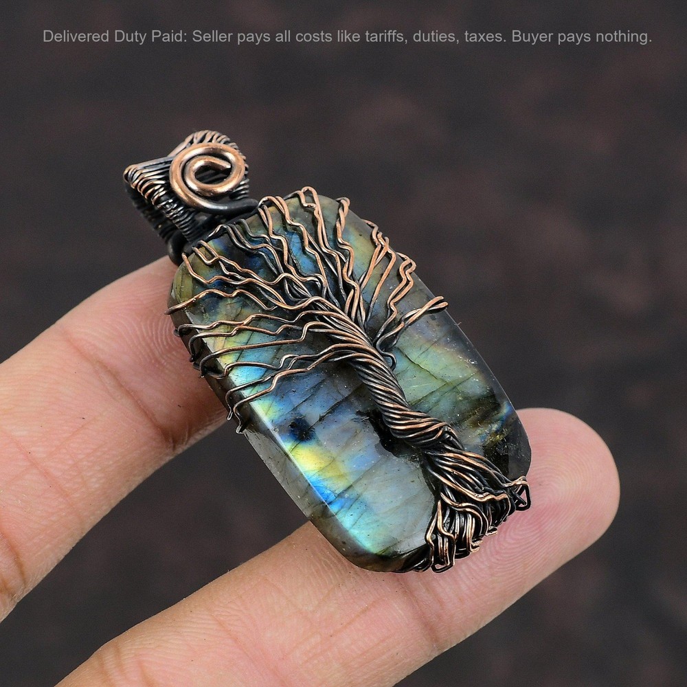 Christmas Sale Labradorite Stone Copper Wire Wrapped Tree Of Life Mother Pendant-image