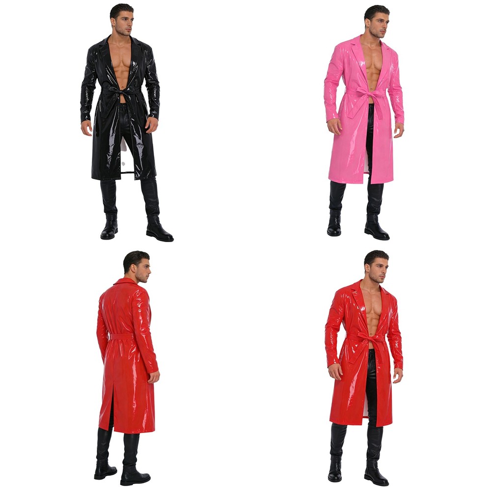 Men Overcoat Outfits Motorcycle Coat With Belt Trench Leather Jacket Halloween