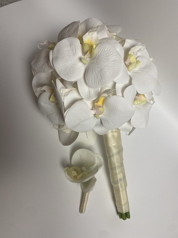 White Orchid Silk Flower Bouquet Ivory Ribbon Wrapped 13” & Boutonniere wedding