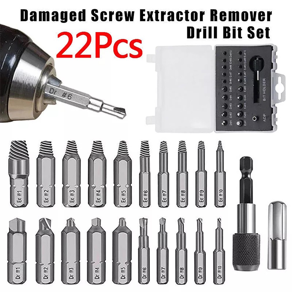Screw Extractor Remover Set Box Easy Out Damaged Stripped Drill Bits Bolt 22Pcs