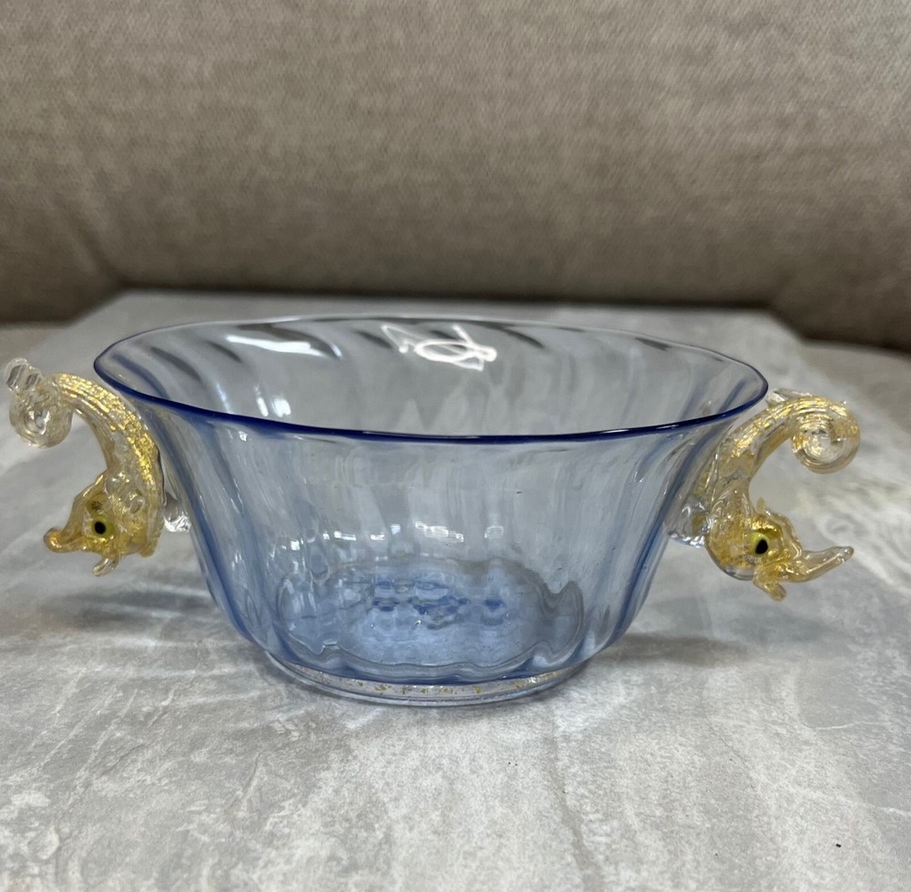 Antique Venetian Murano Blue and Gold glass dish with fish handles. Italian Art